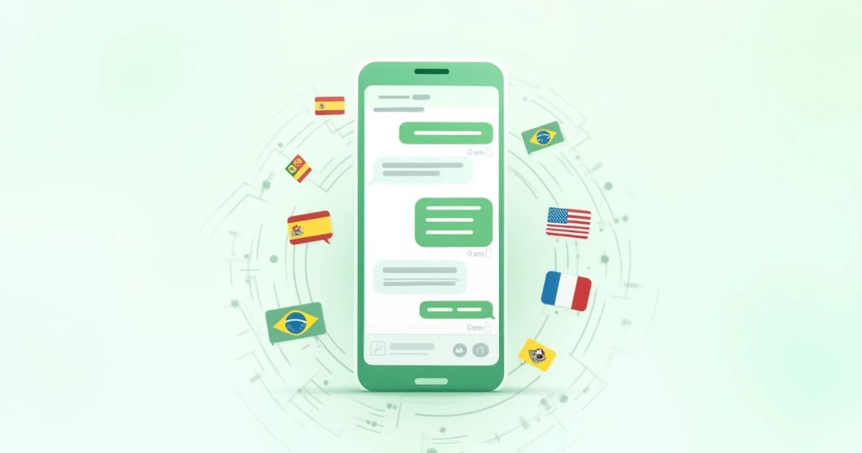 Tela de celular mostrando conversa no WhatsApp em múltiplos idiomas com ícones de bandeiras ao redor