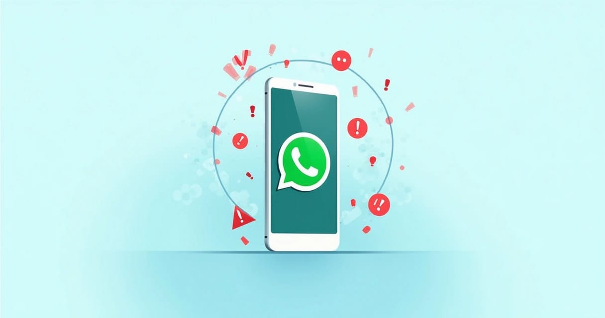 Tela de celular mostrando ícone do WhatsApp com símbolos de alerta e erros ao redor