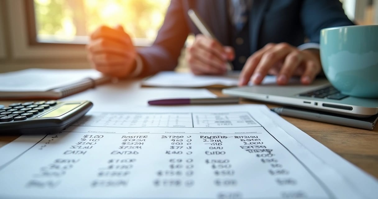 Mesa de trabalho com calculadora, laptop e anotações sobre margens e preços no dropshipping