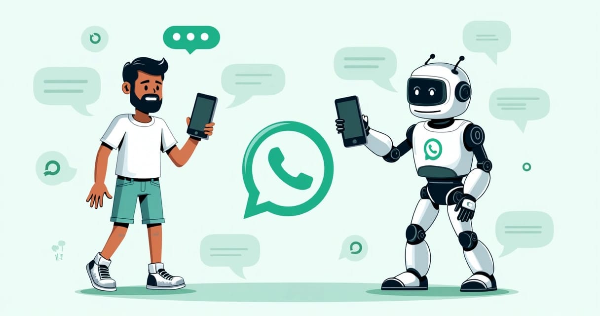 Ilustração de chatbot educativo interagindo com usuários no WhatsApp em dispositivo móvel
