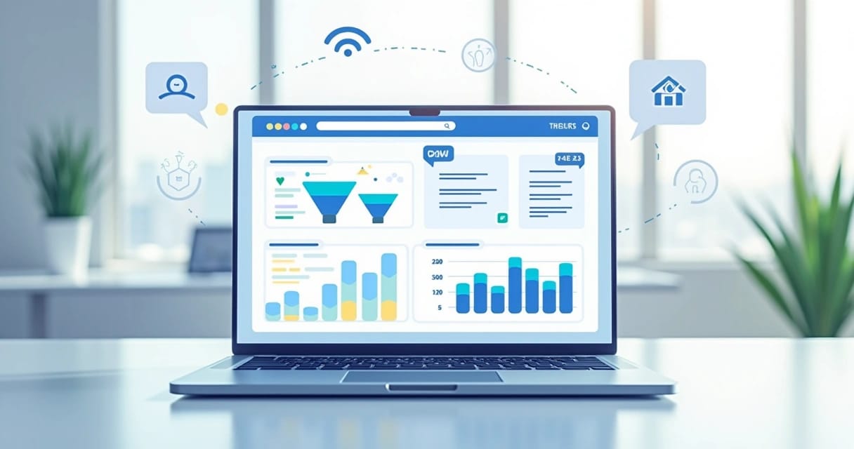 Interface digital moderna exibindo dashboard de CRM com gráficos coloridos e ícones de comunicação e vendas