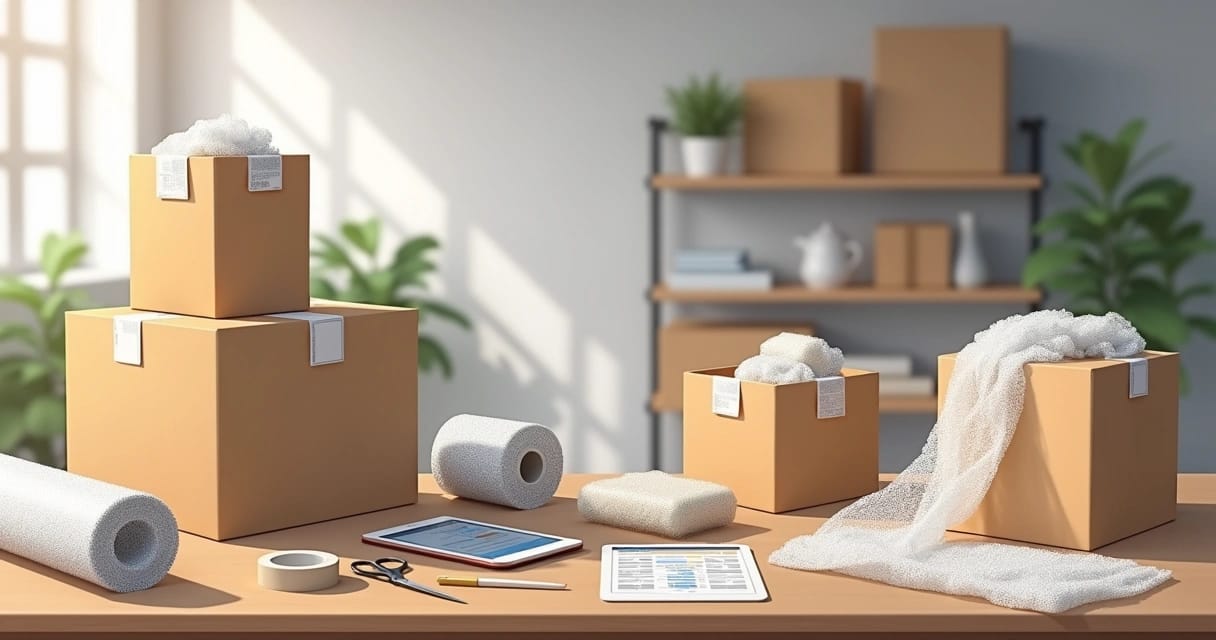 Produtos frágeis embalados com proteção de plástico bolha e caixas de papelão para envio