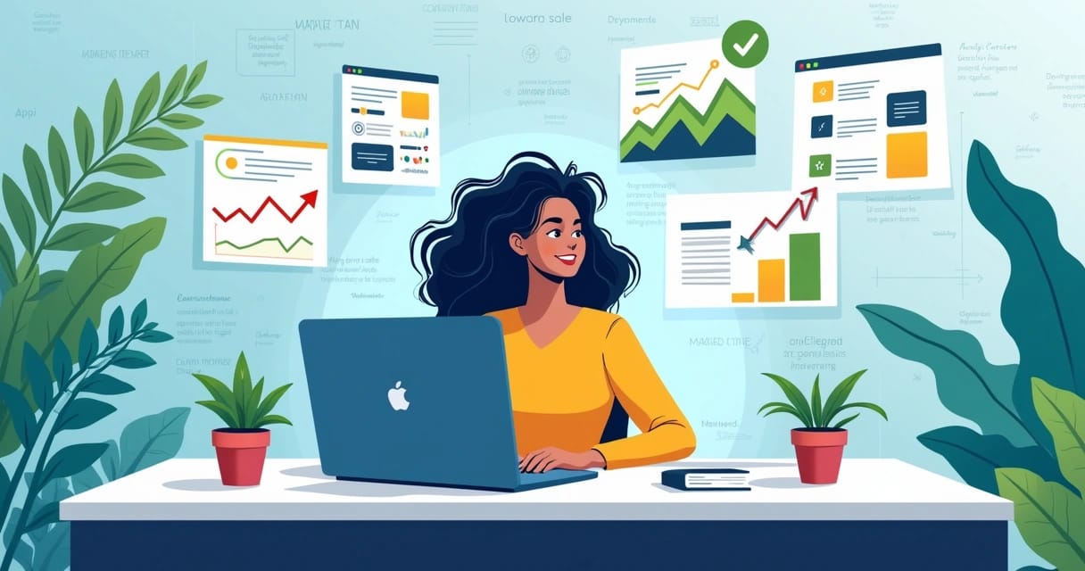 Mulher sentada em uma mesa moderna, trabalhando em estratégias de remarketing no WhatsApp, gráficos ao redor.