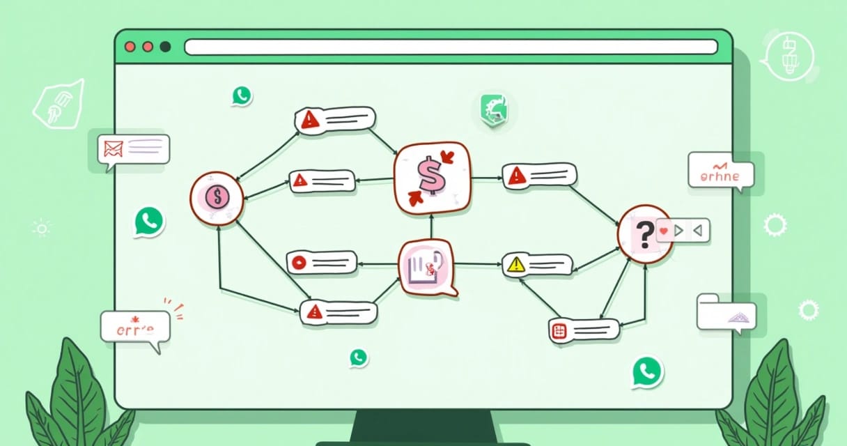 Tela de computador mostrando um fluxo de automação do WhatsApp com erros destacados em vermelho e avisos de alerta ao redor