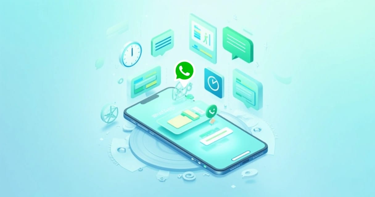 Interface de smartphone mostrando fluxos automatizados de atendimento via WhatsApp com elementos gráficos de chatbot e notificações