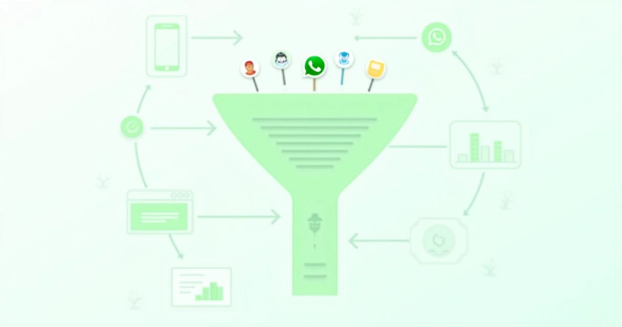Ilustração de funil de geração de leads com ícones do WhatsApp, etapas de venda, e elementos digitais coloridos