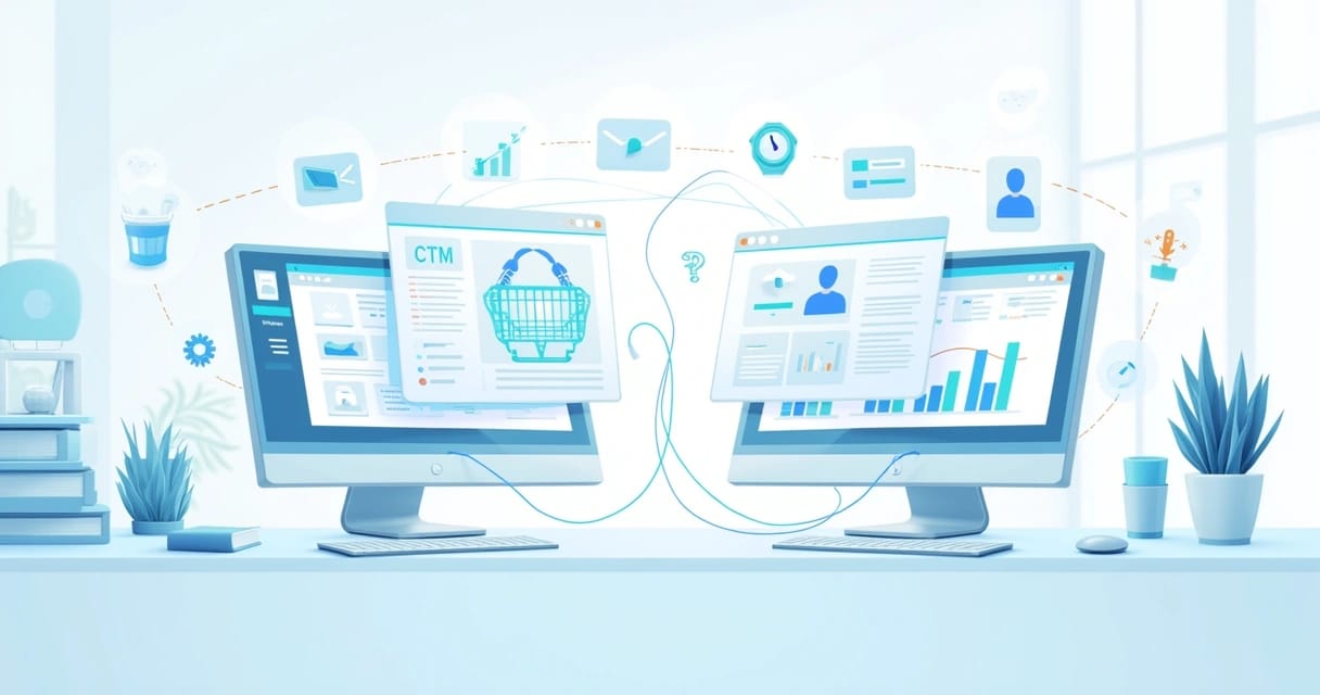 Computador com telas mostrando gráficos de vendas e integração entre e-commerce e CRM