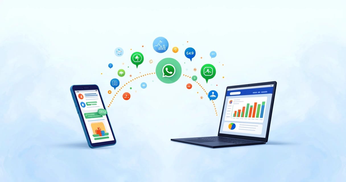 Interface gráfica mostrando integrações entre WhatsApp e Facebook Ads com ícones de mensagens, leads e gráficos de crescimento
