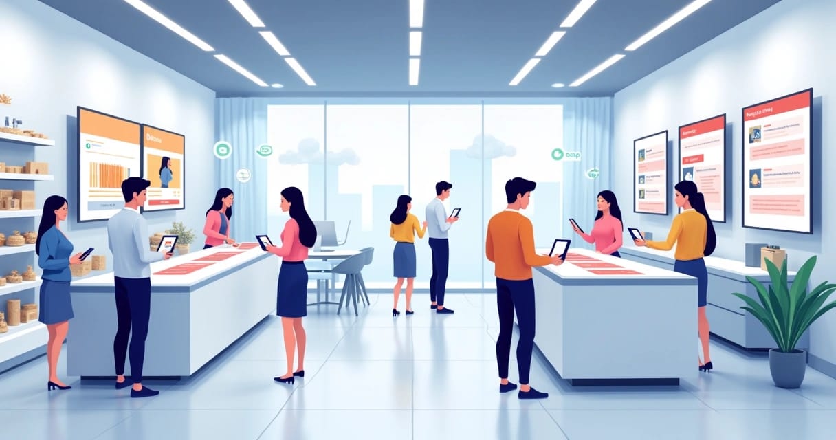 Loja flagship moderna com clientes interagindo em dispositivos móveis, displays digitais e áreas de atendimento integradas