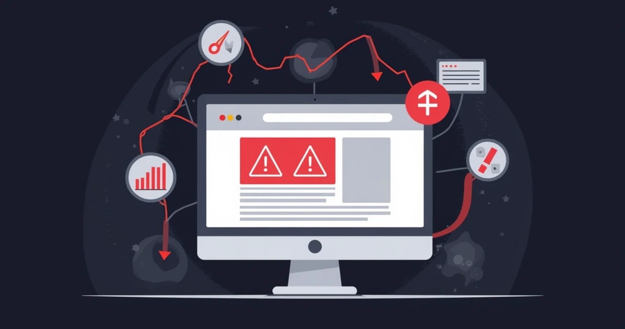 Tela de computador mostrando website com alerta de conteúdo de baixa qualidade e gráficas de penalização do Google