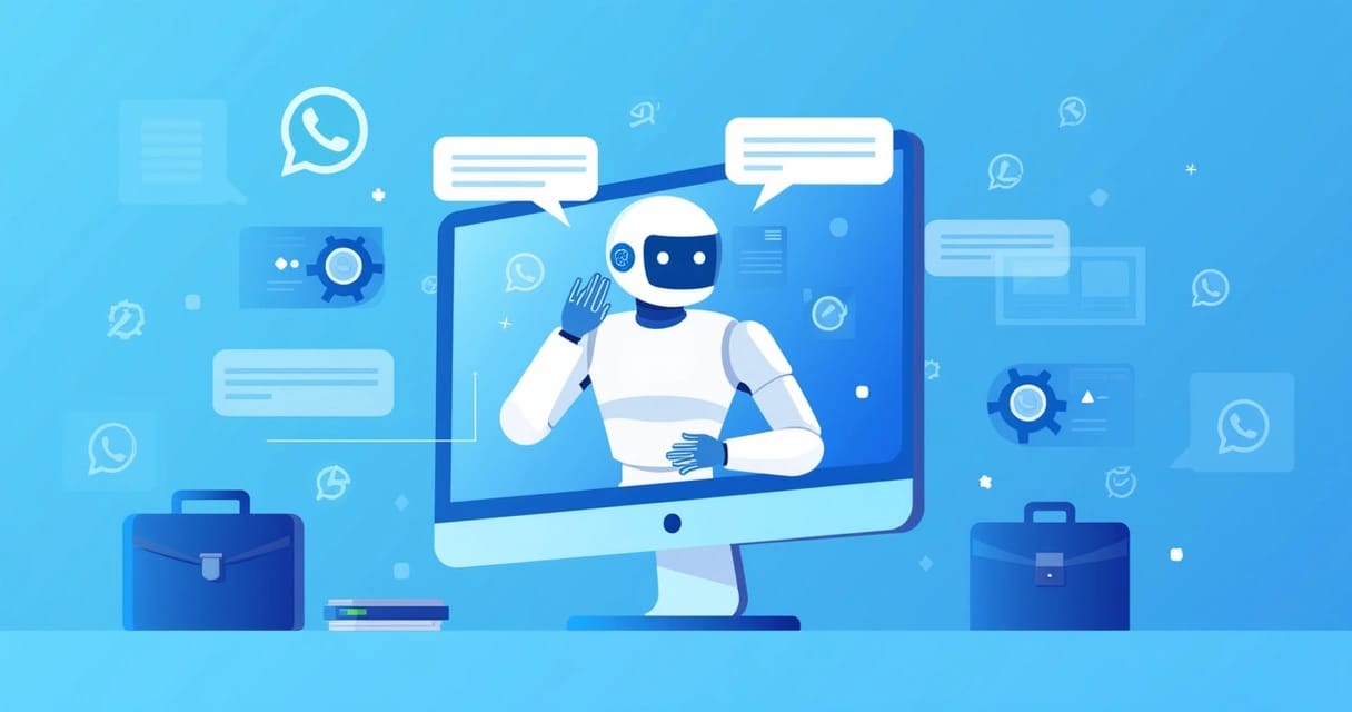 Ilustração de uma interface digital mostrando um chatbot interagindo no WhatsApp com mensagens de texto e ícones de automação ao redor