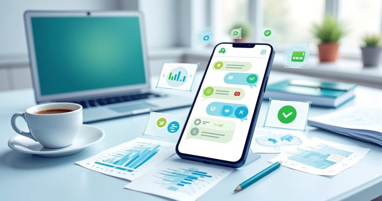 Smartphone mostrando interface de WhatsApp com ícones de priorização e gráficos de conversão ao fundo