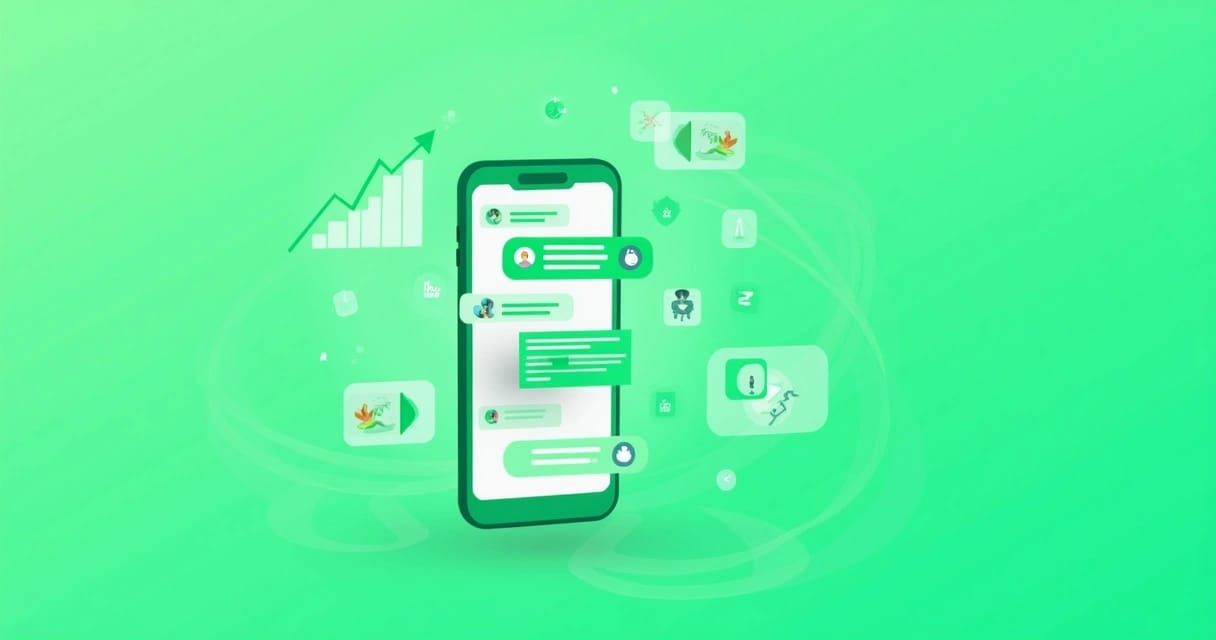 Interface do WhatsApp com mensagens interativas e gráficos de engajamento em fundo verde