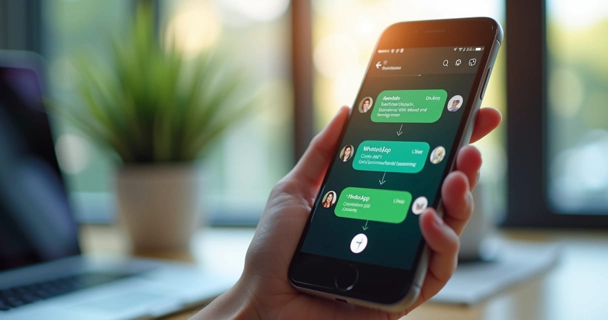 Tela de smartphone exibindo fluxo automatizado de mensagens no WhatsApp com ícones coloridos de texto, áudio e vídeo em fundo de escritório moderno
