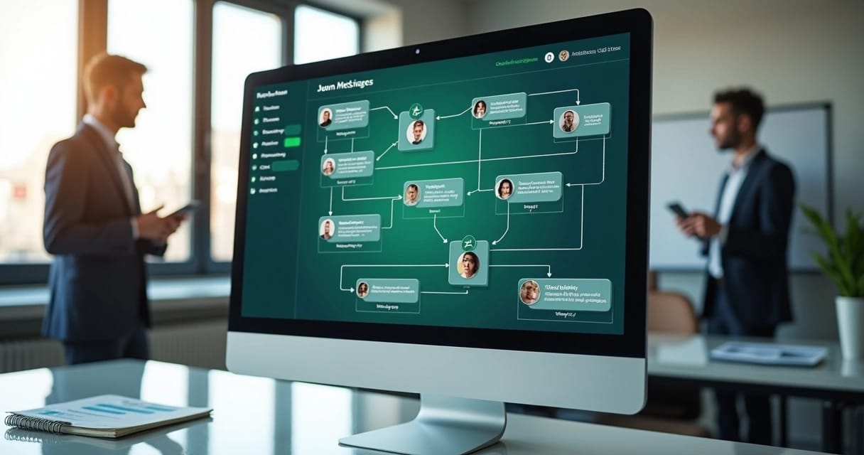 Tela de computador exibindo interface de automação de mensagens no WhatsApp com gráficos de engajamento e fluxo de mensagens organizado