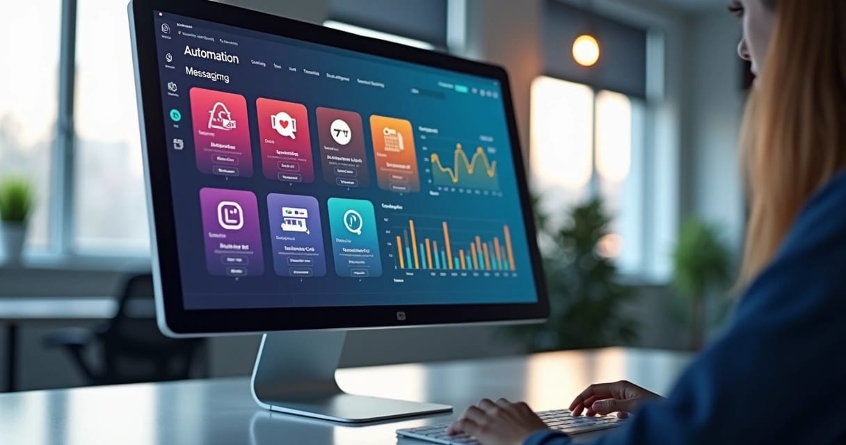 Painel digital com ícones de ferramentas de e-commerce em tela de computador moderno