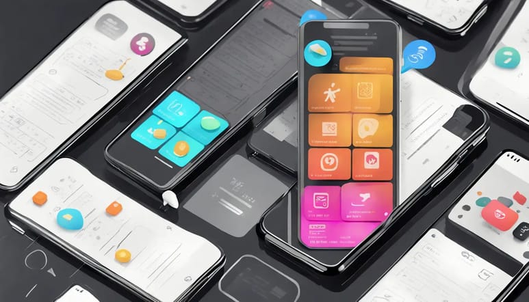 Smartphone moderno com interface de chat e ícones de notificações de mensagens em tema escuro, sobre fundo branco.