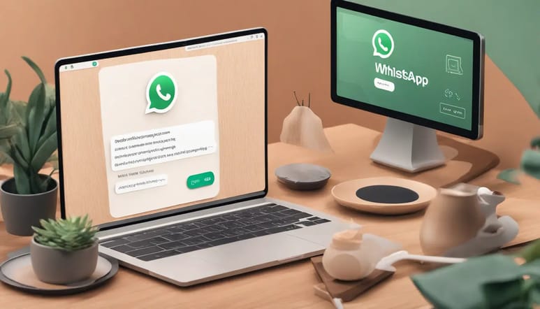 Pessoa em escritório usando laptop com WhatsApp Business Web, cercado por ícones de notificação inteligentes.