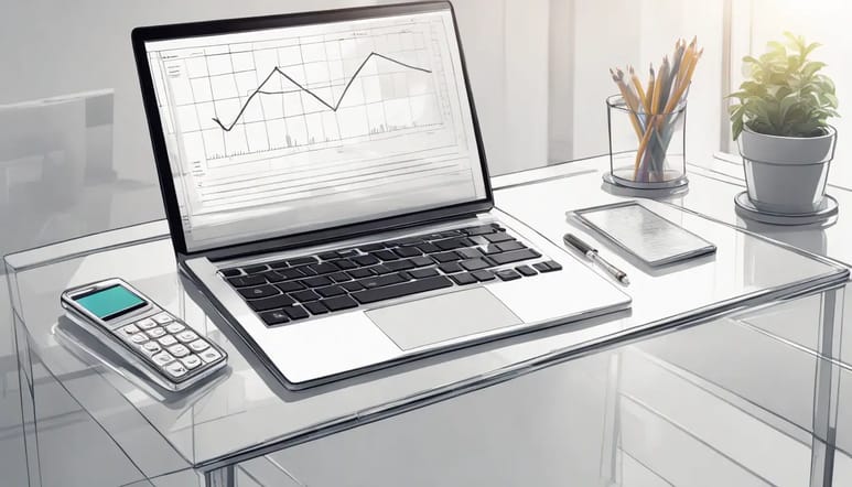 Espaço de trabalho moderno com laptop aberto exibindo gráfico, calculadora e smartphone com notificações na mesa de vidro.