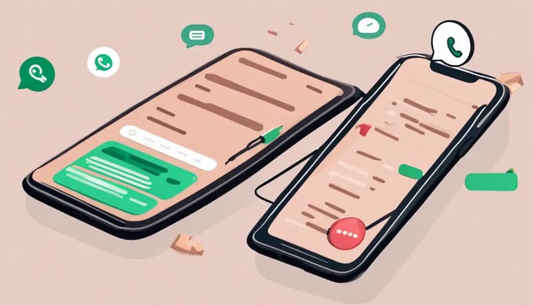 Ilustração de dois smartphones com telas de WhatsApp exibindo conversas e notificações. Ícones de chat e chamada ao redor, em um fundo claro e neutro com detalhes minimalistas.