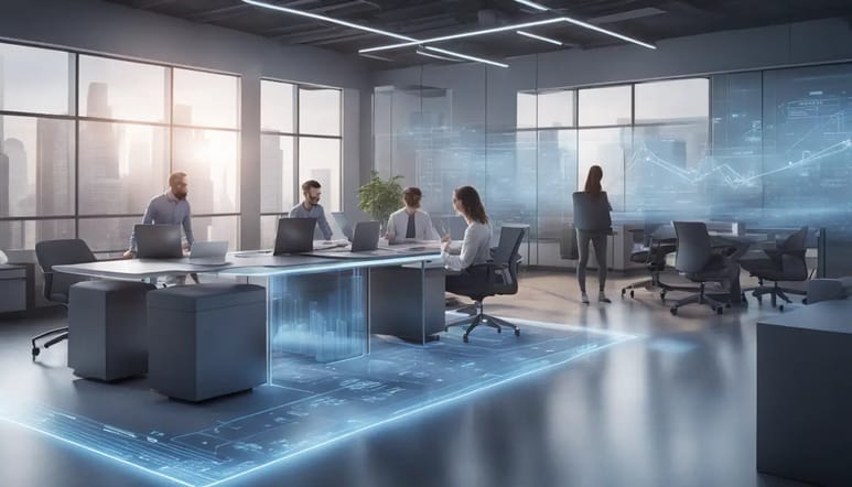 Ambiente de escritório moderno com holograma de interface digital exibindo métricas de atendimento ao cliente.