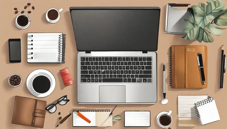 Espaço de trabalho organizado com laptop mostrando gráficos, caderno, xícara de café e prateleiras de produtos ao fundo.