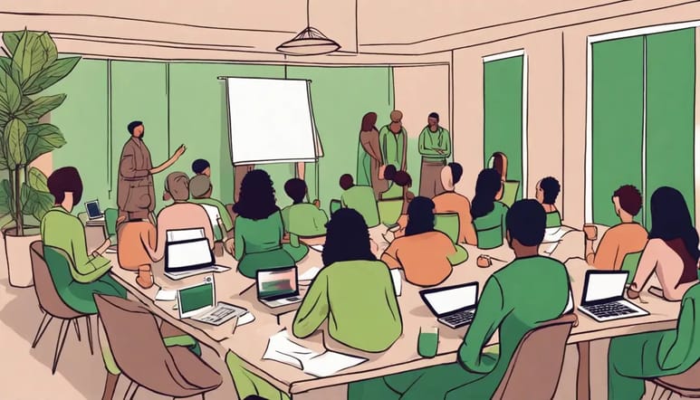 Seis pessoas de negócios em reunião animada em sala de conferências moderna com janelas amplas.