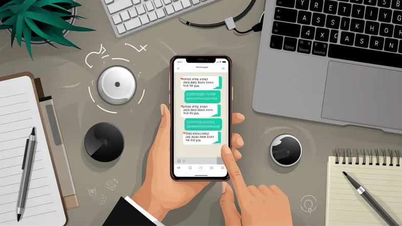 Smartphone com mensagens do WhatsApp e laptop com software de automação em mesa de escritório moderno.