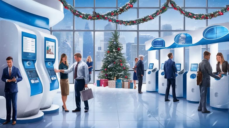 Kiosques de serviço ao cliente automatizados em um escritório decorado para festas de fim de ano com uma árvore de Natal.