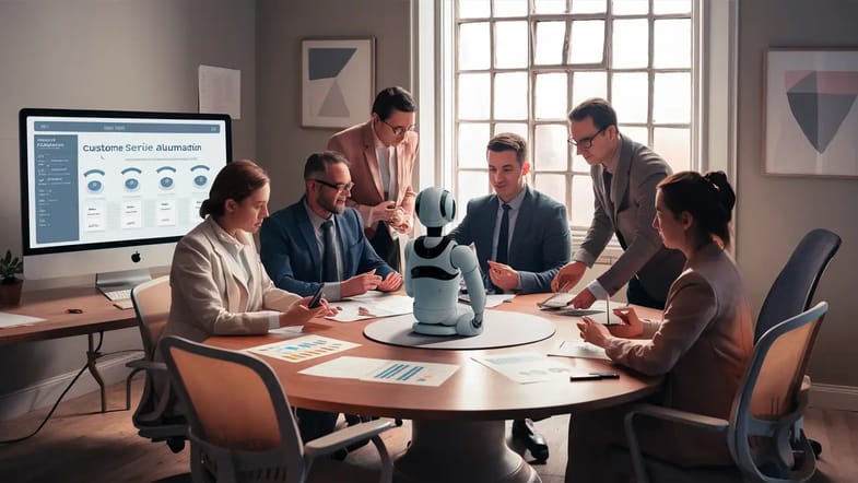 Profissionais ao redor de uma mesa discutindo ferramentas de atendimento ao cliente com um robô assistente.