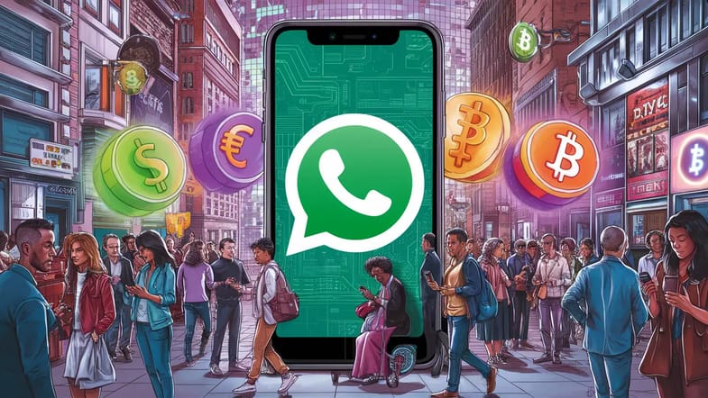 Tela de smartphone com logotipo do WhatsApp, pessoas diversas usando telefones e símbolos de moeda digital.