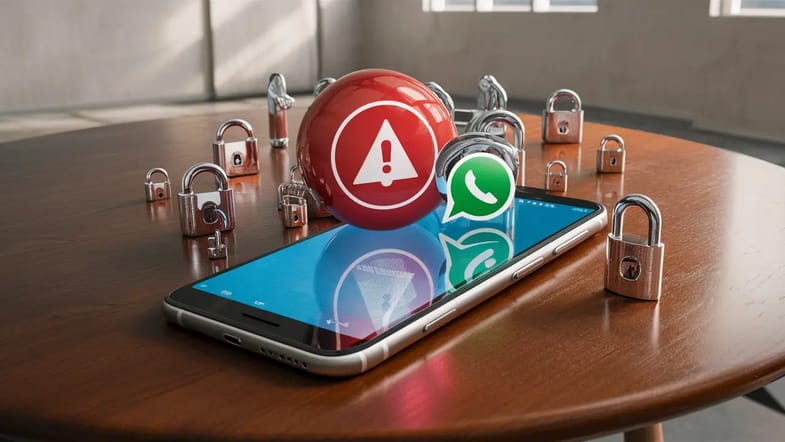 Smartphone com símbolo de aviso vermelho e ícone do WhatsApp, rodeado por ícones de cadeados digitais metálicos.