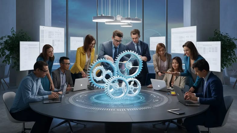 Equipe diversa em escritório moderno colaborando em um modelo holográfico de engrenagens interconectadas.