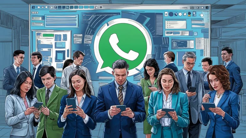 Pessoas diversas em um escritório moderno usando dispositivos móveis, concentradas em uma tela grande com interface do WhatsApp.