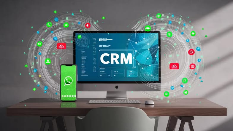 Tela de computador exibindo CRM, smartphone com WhatsApp, conectados por ícones de leads e mensagens, cores azul e verde.