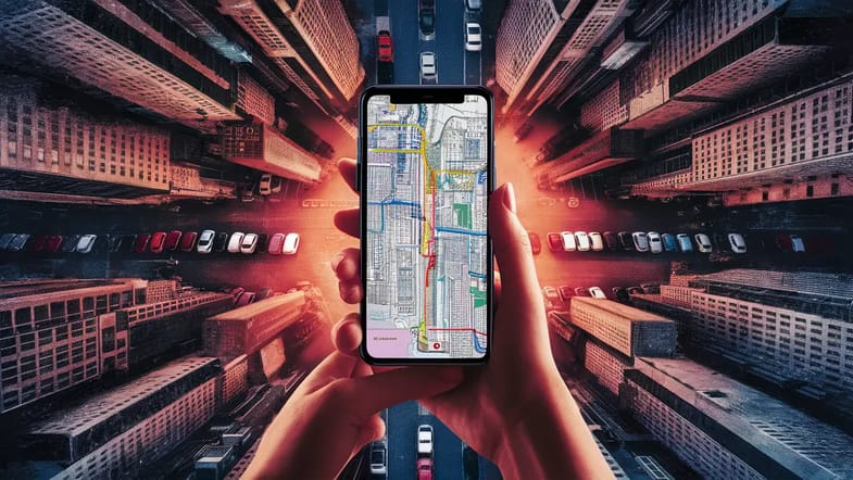 Visão superior de um smartphone exibindo mapa digital detalhado, cercado por prédios altos e carros estacionados na cidade.
