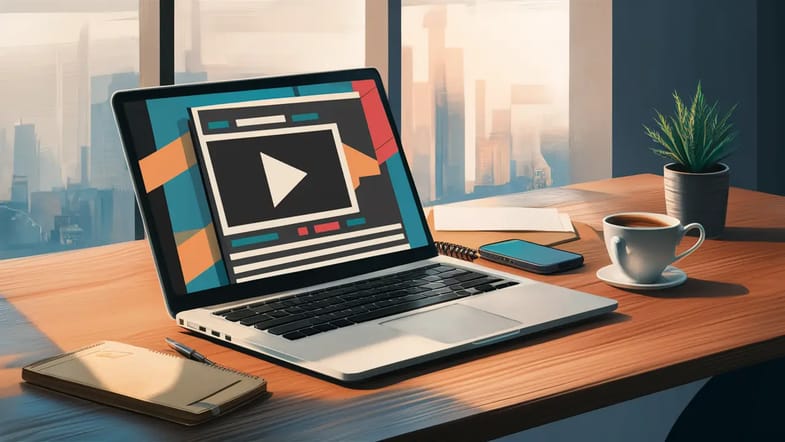 Pausado no laptop, um vídeo de marketing digital em uma mesa de escritório com bloco de notas e xícara de café.