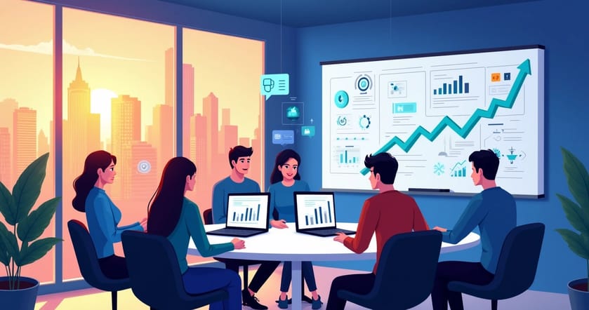 Equipe de vendas colaborando em um ambiente moderno, com gráficos de vendas e elementos de tecnologia.
