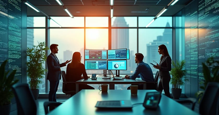 Espaço de escritório futurista com profissionais colaborando e agentes de IA fornecendo insights.