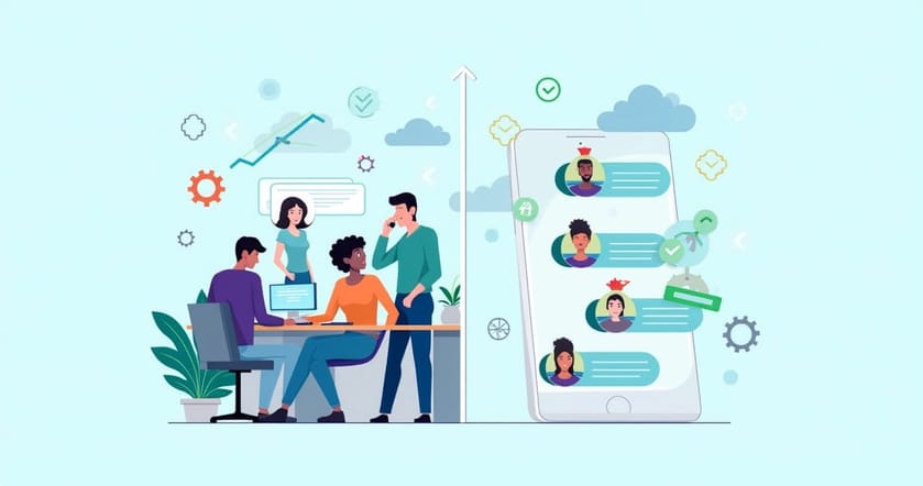 Ilustração de ambiente de atendimento ao cliente mostrando integração de CRM com WhatsApp.