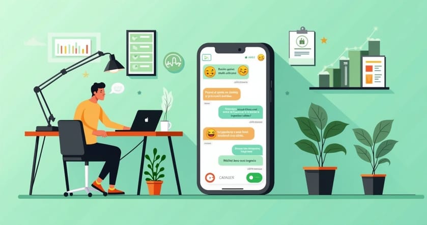 Ilustração de atendimento ao cliente pelo WhatsApp com celular, cafe, e gráfico de vendas.