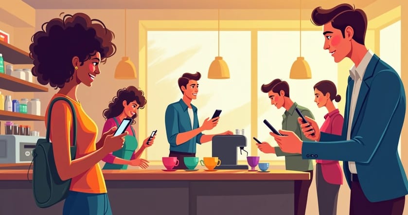 Ilustração de uma cafeteria com clientes interagindo no WhatsApp e um barista preparando café.