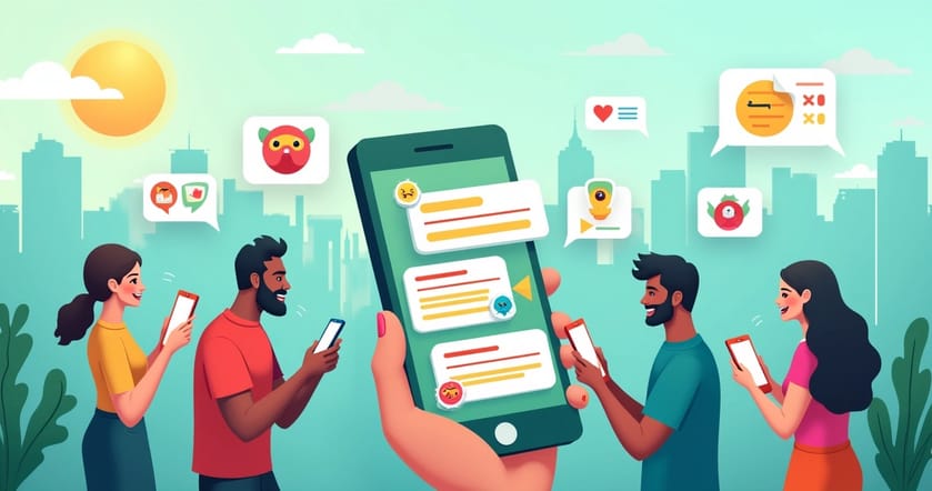 Campanha de marketing no WhatsApp com pessoas interagindo, gráficos e mensagens coloridas.