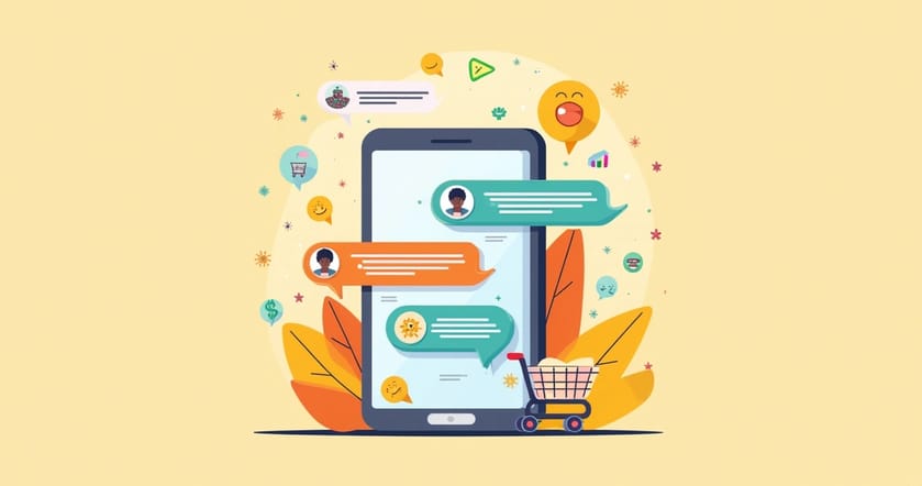 Ilustração de um celular com conversa sobre vendas no WhatsApp, cercado por ícones de compras e interações.