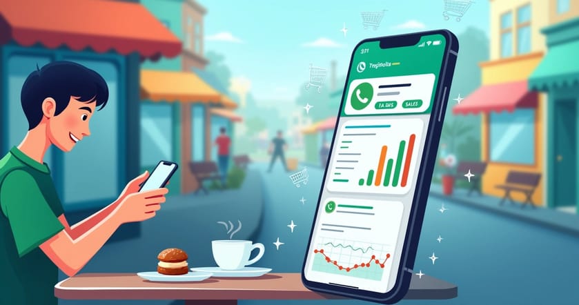 Ilustração de celular com notificações do WhatsApp e gráficos de dados em um cenário urbano.