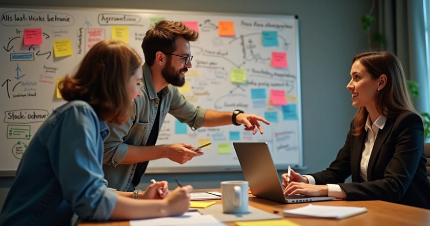 Espaço de trabalho com duas pessoas brainstorming sobre automação do WhatsApp, colorido e colaborativo.