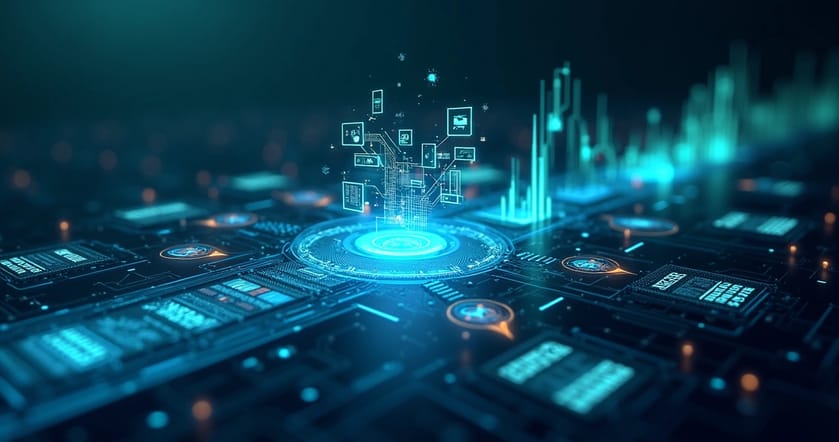 Um painel digital futurista com cinco caminhos que ilustram estratégias de automação do funil de vendas.