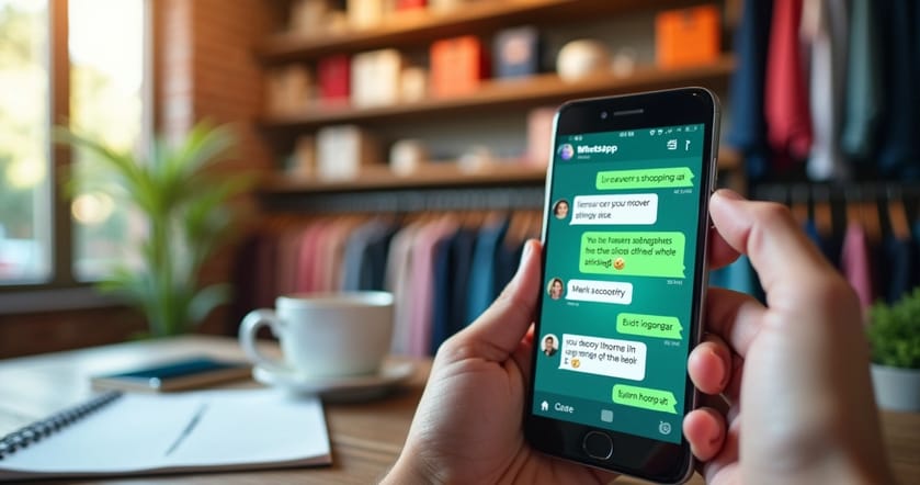 Celular exibindo WhatsApp para recuperação de carrinhos abandonados em loja online.