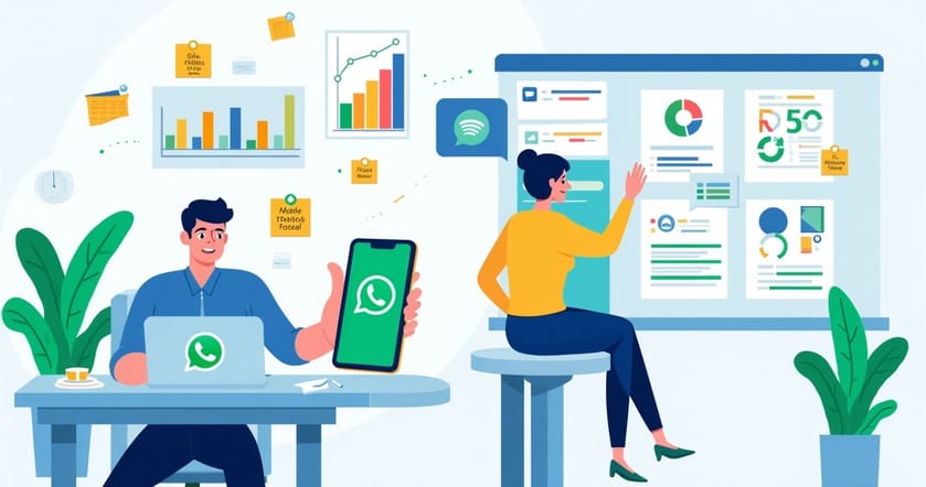 Ilustração de um escritório com um representante de vendas usando WhatsApp integrado ao CRM.