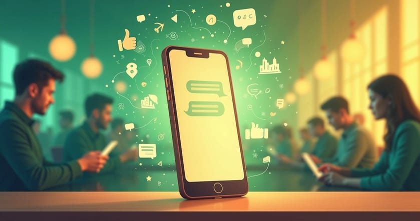 Ilustração de um smartphone mostrando mensagens automáticas no WhatsApp para engajamento com clientes.